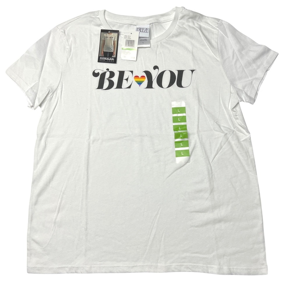 LGBTQIA+ "Be‎ You" Pride Tee Women's Large White Rainbow Heart Graphic NWT